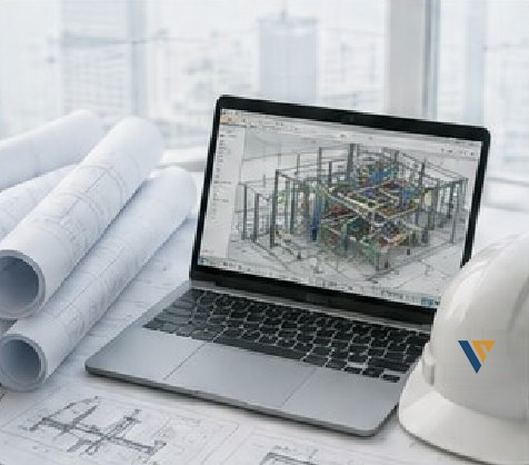 Teknik çizimler ve 3B tesisat modeli gösteren dizüstü bilgisayar